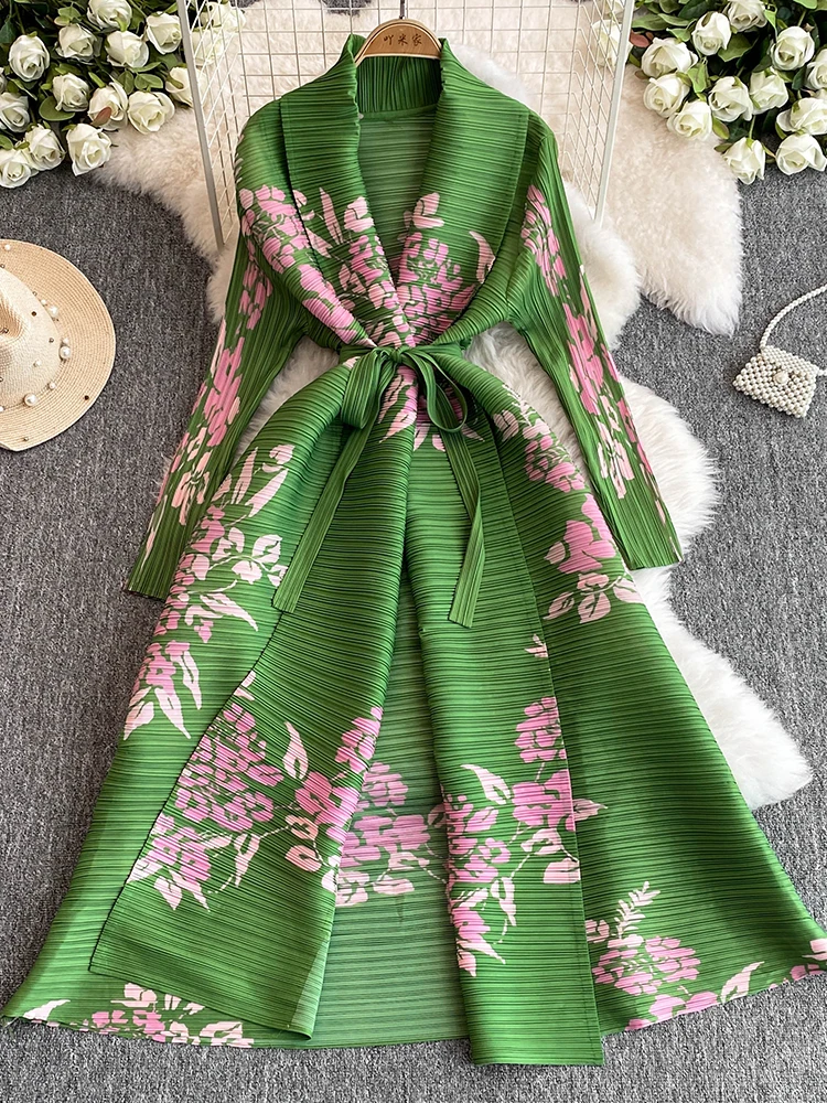 Nuovo abito cinese a vita larga con pieghe a vita alta lungo Sve V-Ne A-Line Midi Dr per donna taglie forti