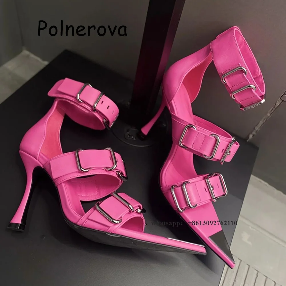 

Belt Buckle Sandals Pointed Toe Metal Buckle Women's Shoes Thin High Heels Summer Casual Hottie Retro Ladies Fashion Roman Shoes