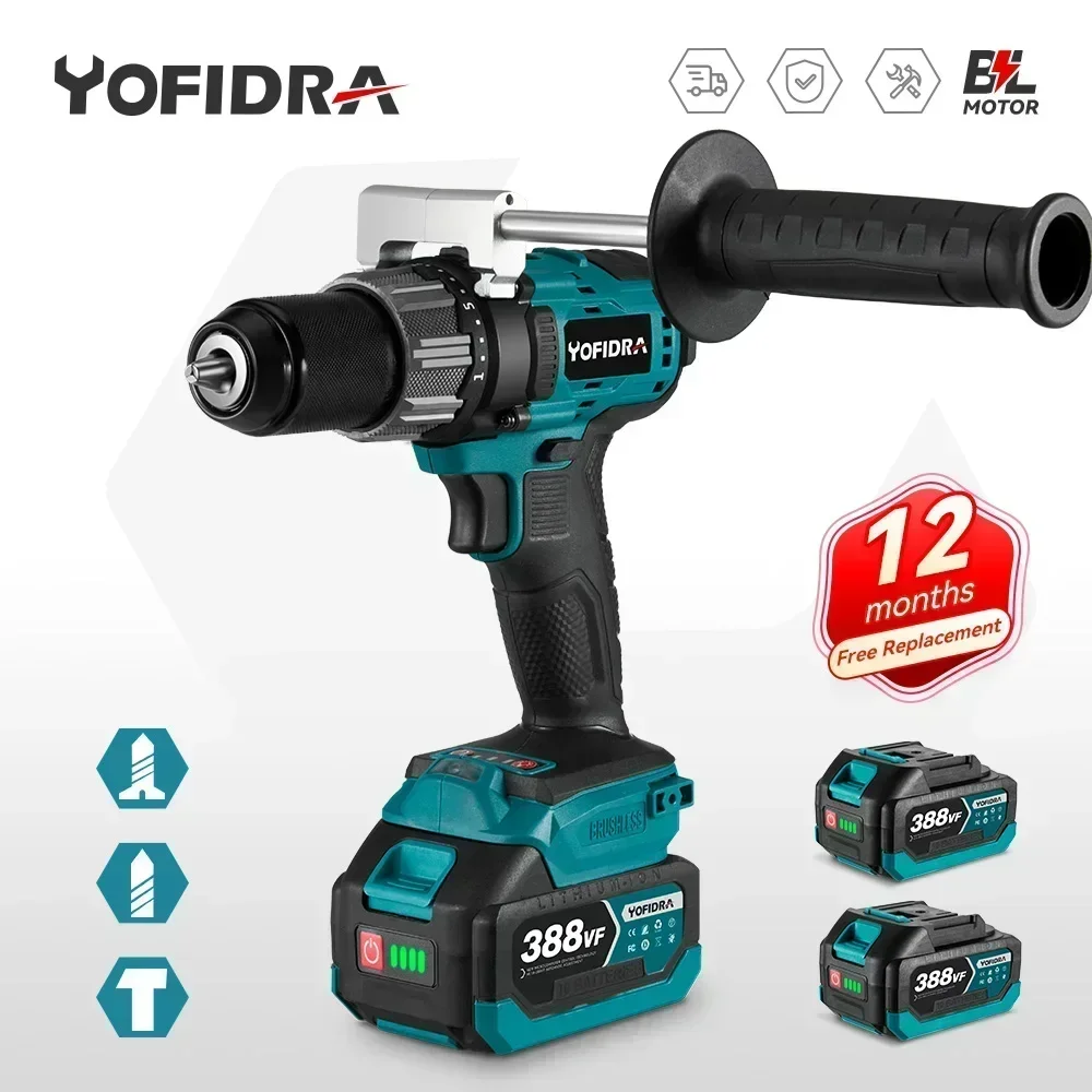 Yofidra 13MM 650N.m Brushless Electric Drill Cordless Rechargeable Electric Screwdriver Ice Breaking Tools For Makita 18VBattery