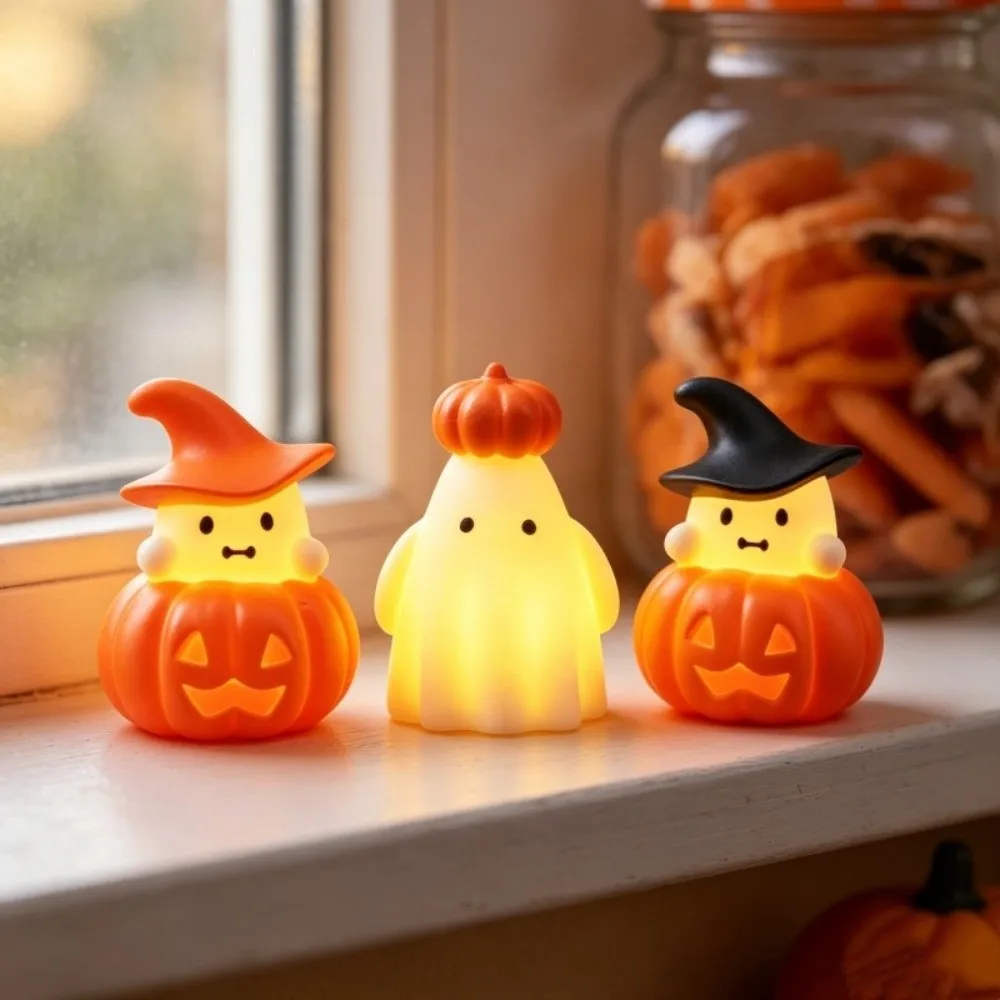 LED Glowing Ghost Nightlight Button Cell Battery Operated Warm Light Spooky Tabletop Lamp Cute Aesthetic Smooth Surface