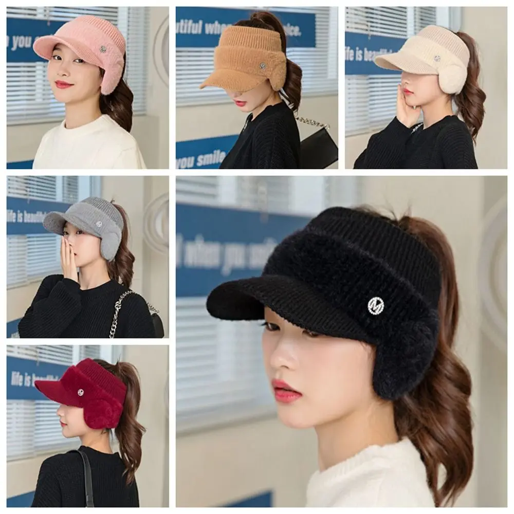 Solid Color Empty Top Baseball Cap Warm Windproof Ear Protection Cap Soft Knitted Fleece Hat Ponytail Hat for Outdoor Sports