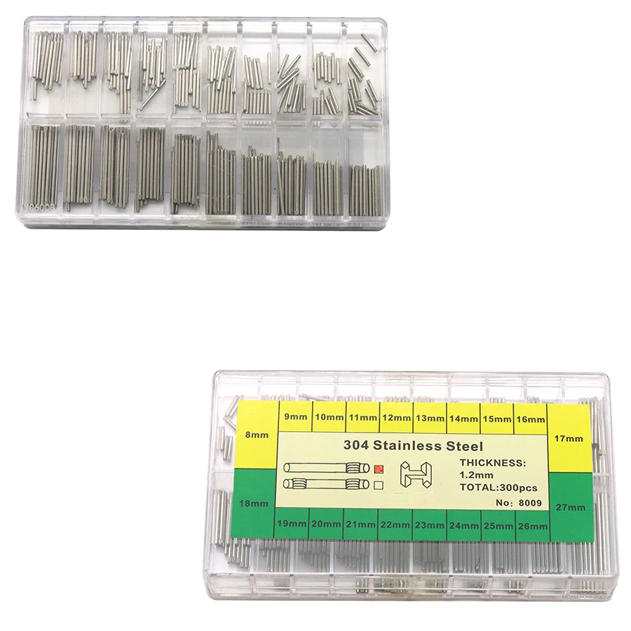 Piezas de reloj Correa de acero inoxidable 304 y eje de conexión de corona Crudo 1,2 mm Varios tamaños que rangan de 8-27 mm de longitud