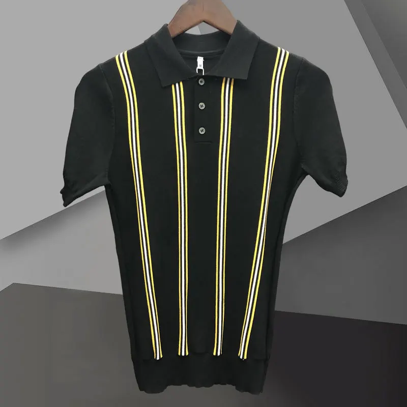 2023 High Quality Knitted Top Stripe Color Matching Knitted Polo Shirt Stripe Contrast Stitching Lapel Short Sleeve Tshirt