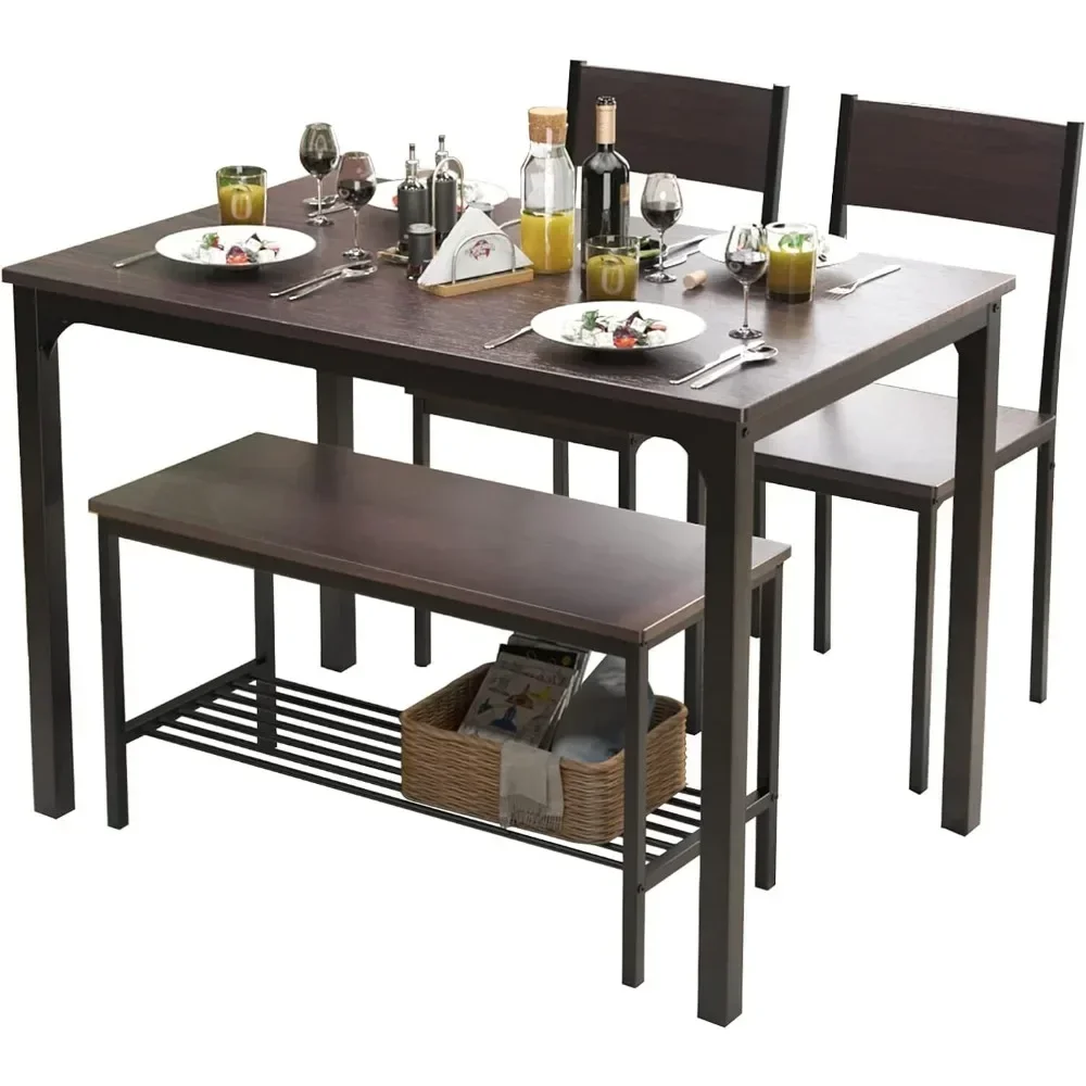 Dining Table Set for 4, Kitchen Table Set for 4,2 Chairs with Backrest, 2-Person Bench with Storage Rack, Nesting Furniture Set