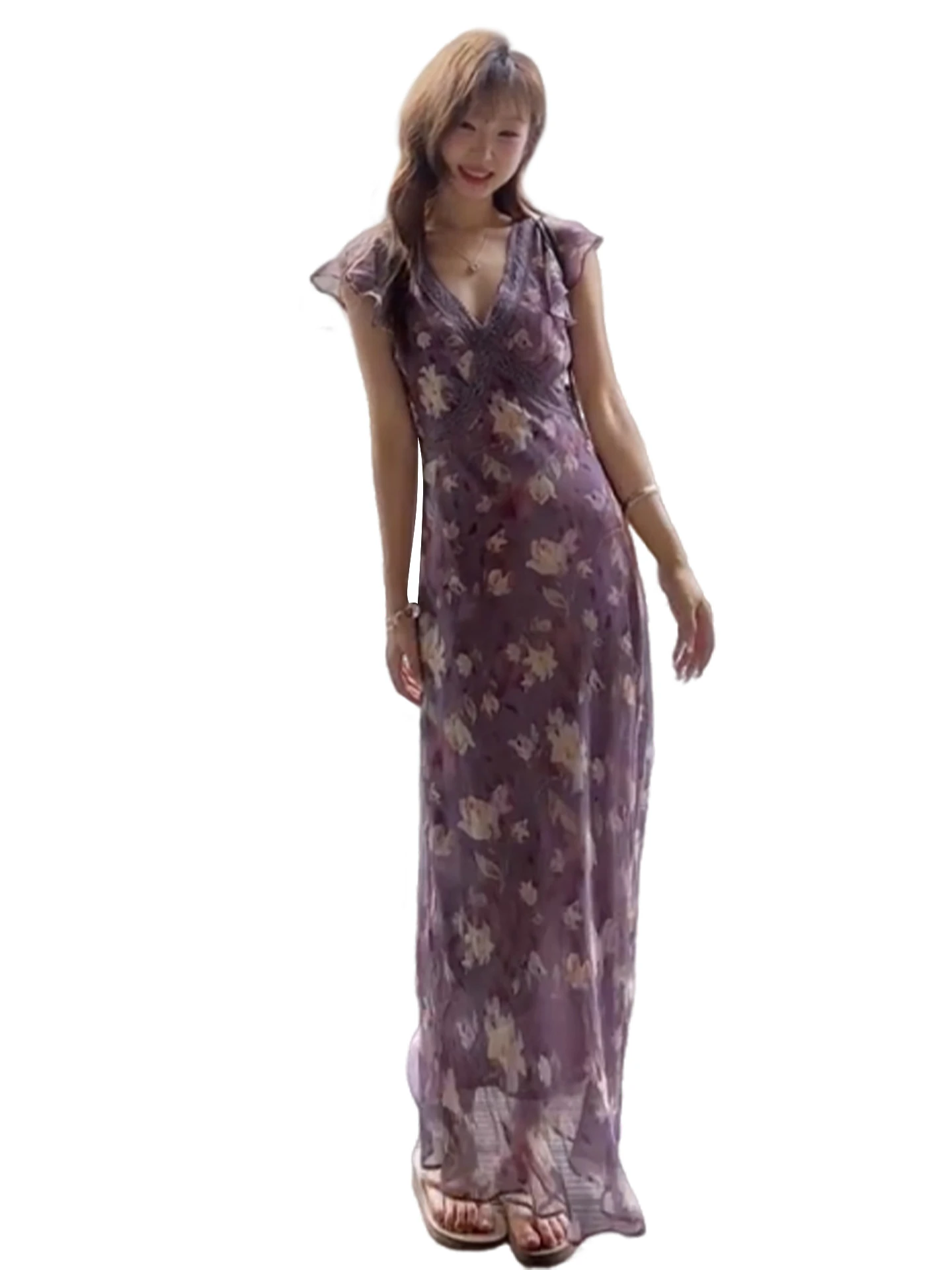 กระโปรงยาวทรงสวยสไตล์ญี่ปุ่น ลายดอกไม้สีม่วง คอวี รัดเอว สำหรับผู้หญิง ใส่ไปเที่ยวทะเล ฤดูร้อน 2025
