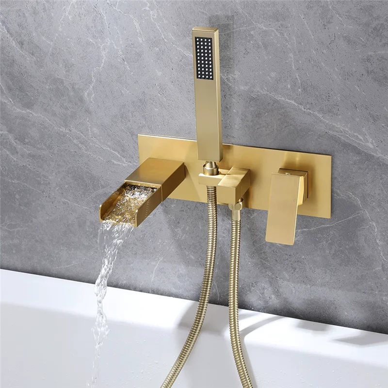 

Brushed Gold Bath and Shower Faucet Set Wall Mounted Brass Gray Waterfall Bathtub and Shower Mixer Bathroom Taps Brass