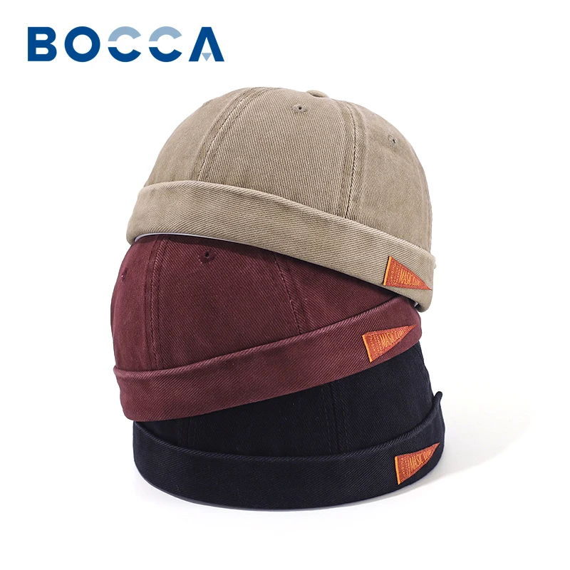 Bocca Washed Docker Cap Without Visor Letter Label Brimless Caps Retro Solid Color Men Women Beanie Hat Vintage Style New Style
