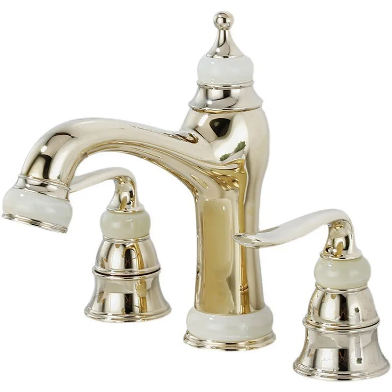 

Full Copper European Jade Zirconium Gold Three Hole Split Type Faucet Bathroom Dual Handle Basin Bathtub Hot and Cold Faucet