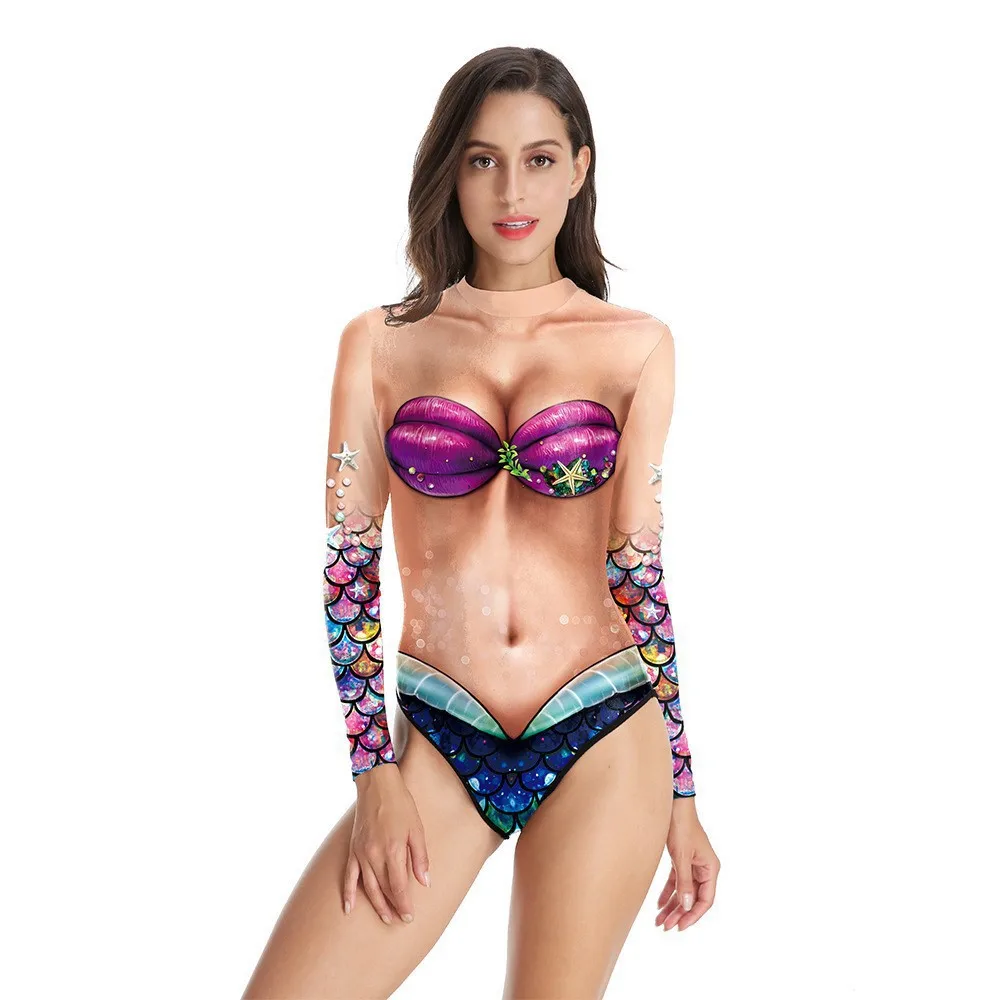 Women Mermaid Cosplay Costume 3d Digital Printing Ladies Long-sleeved Fish Scales Swimsuit Clown Skull Bodysuits Holiday Zentai view 2