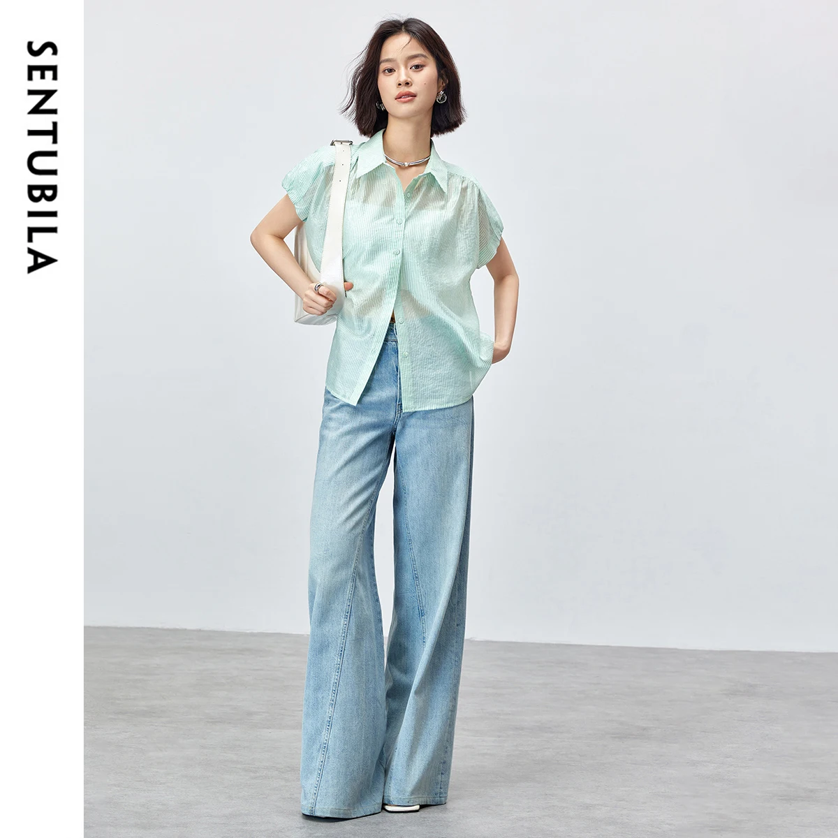 SENTUBILA Green Striped Casual Loose Polo Collar Shirts & Blouses 2025 Button Up Blouse Short Sleeve Top For Women 142C53893
