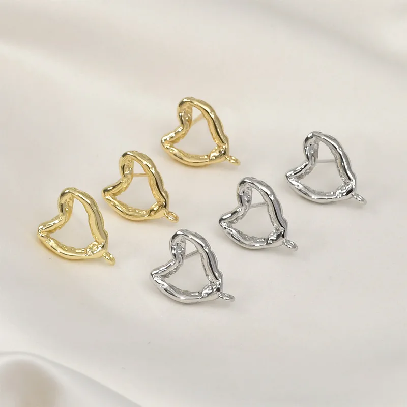 Copper-plated 14k Gold Color Abstract Texture Hollow Heart Silver Needle DIY Homemade Earrings Jewelry Accessories Material