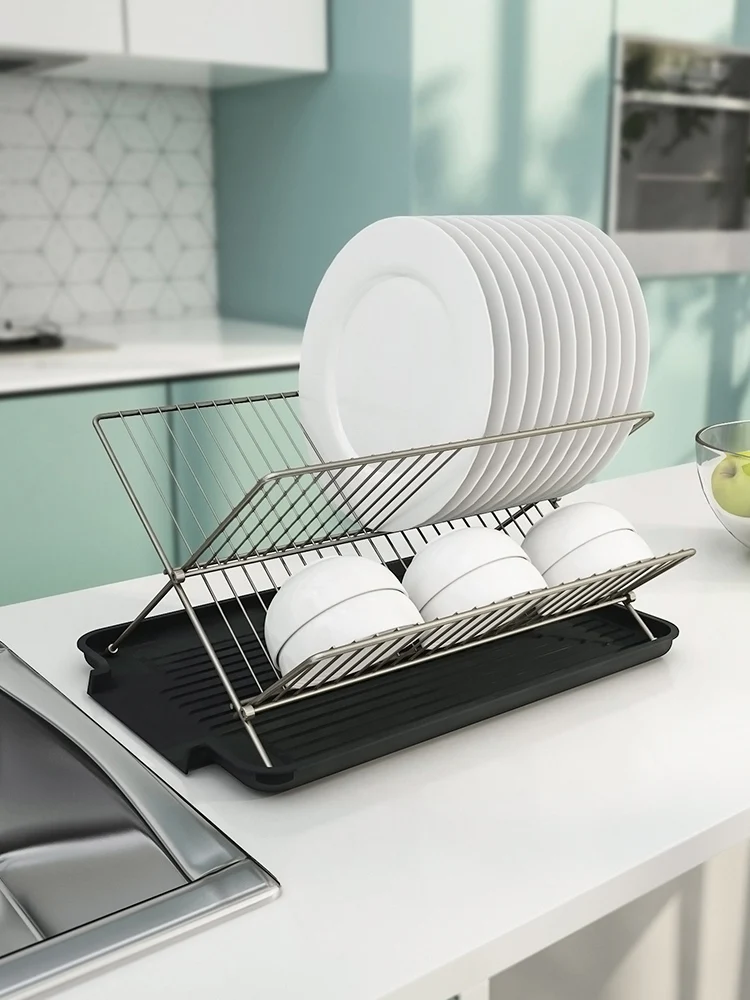 Kitchen Large X Folding Multifunctional Stainless Steel Drainage Rack 2 Tier Strainer Shelf With Tray Drying Dish Cutlery Rack