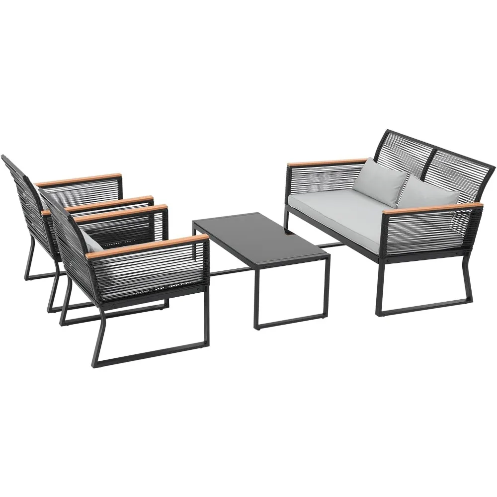 4 Piece Patio Furniture Set, Outdoor Wicker Bistro Set, All-Weather Black PE Rattan Conversation Set w/Coffee Table