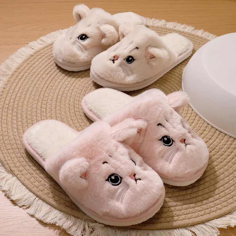 لطيف الكرتون القط نعال من القطن النساء 2025 الشتاء عدم الانزلاق مغلق تو النعال المنزل امرأة الدافئة أفخم كعب مسطح الطابق الأحذية