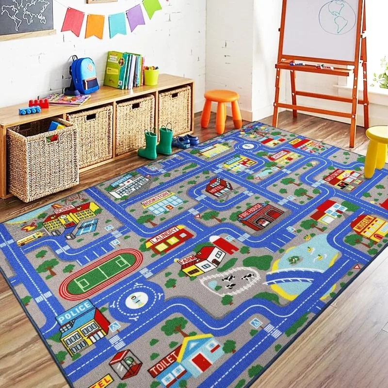 City Traffic Road Map Kids Play Mat Interactive Educational Crawling Carpet Non-slip Soft Home Decor Floor Rug for Living Room