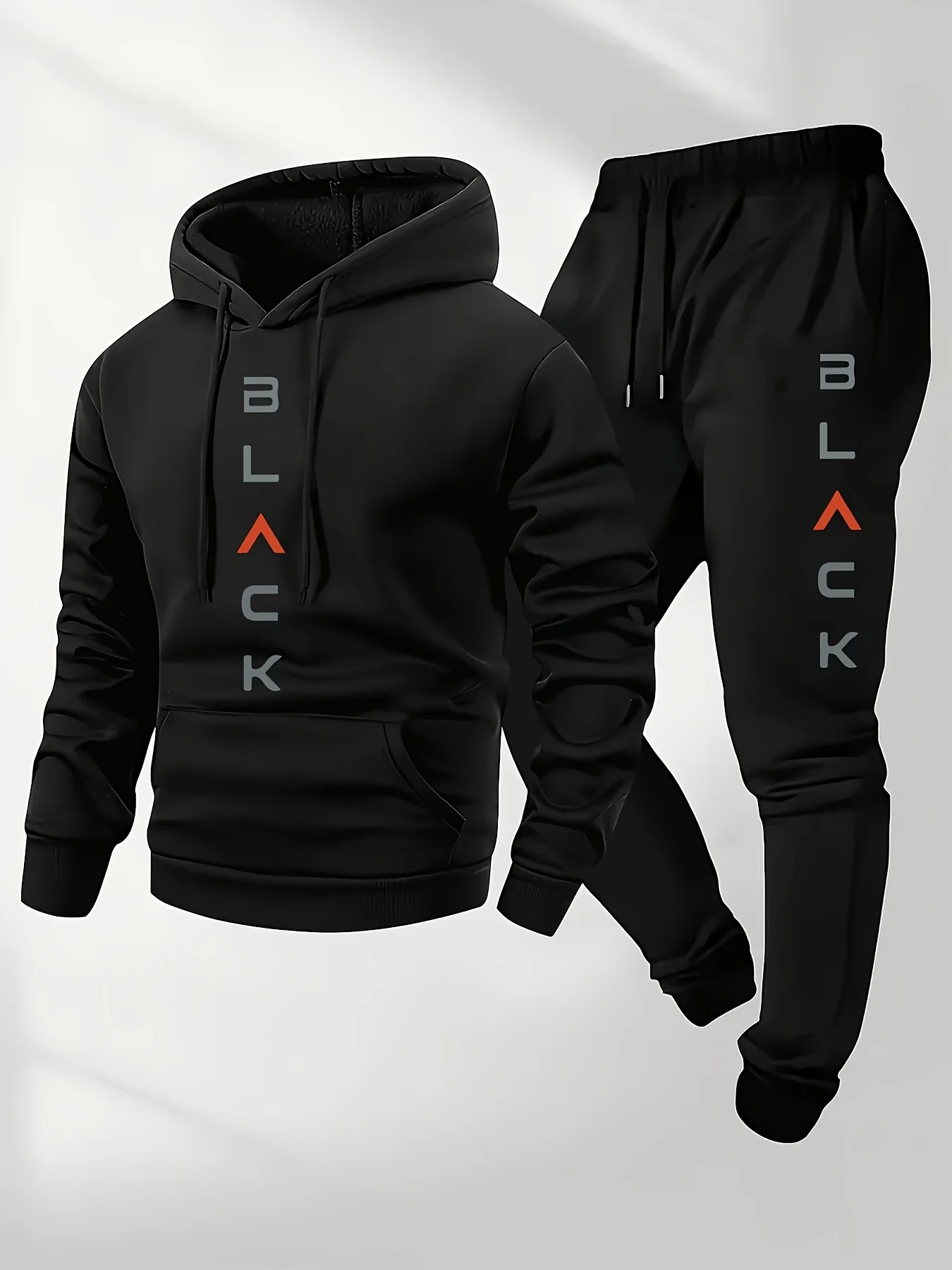 Trendy men's vertical black letter print two-piece casual hoodie and sweatpants sports outfit for street style