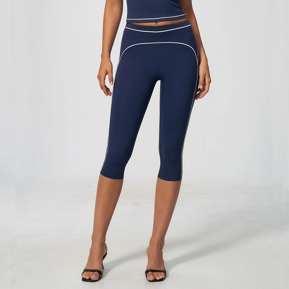 Women High Waist Contrast Line Capri Yoga Leggings Butt Lifting Stretch 3/4 Pants Gym Pilates Running Workout Fitness Athletic