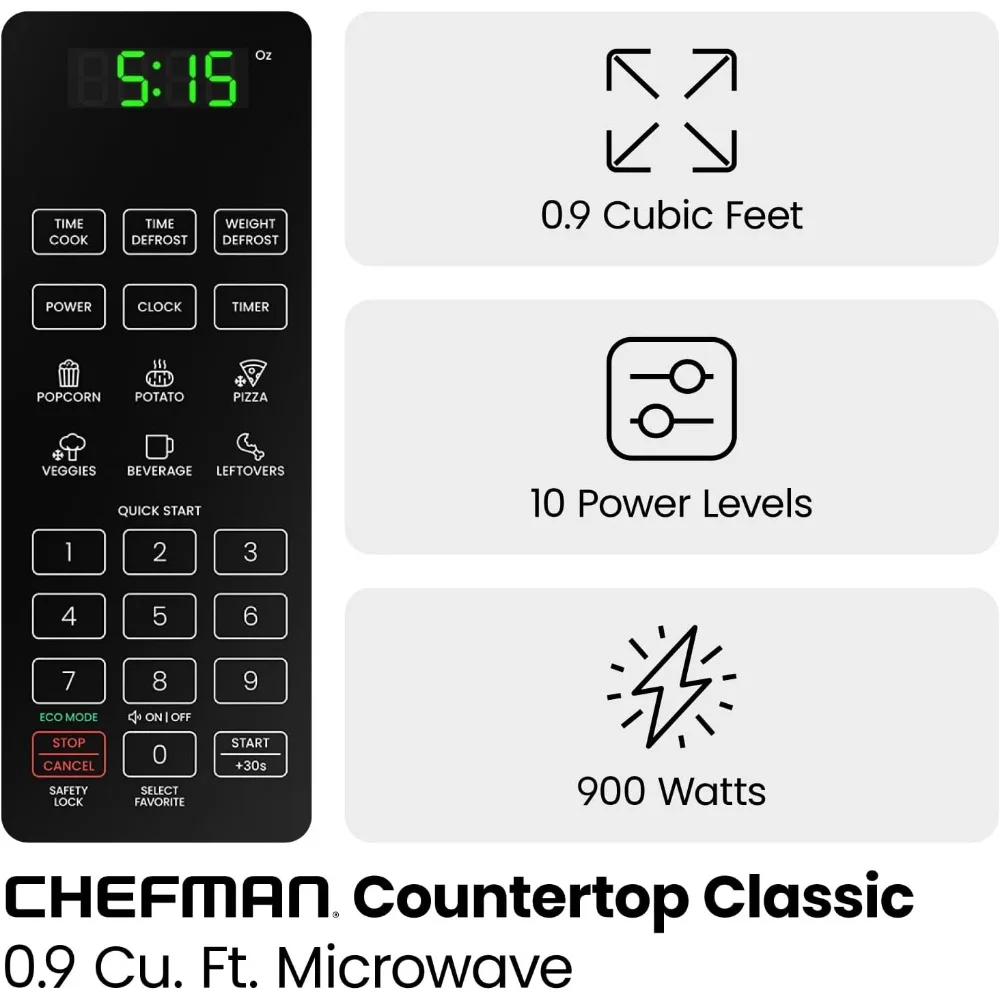 Four à micro-ondes 0.9 Cu Fédération. Micro-ondes numérique en acier inoxydable, 900 W avec 6 préréglages, mode cuillère à soupe, option muette