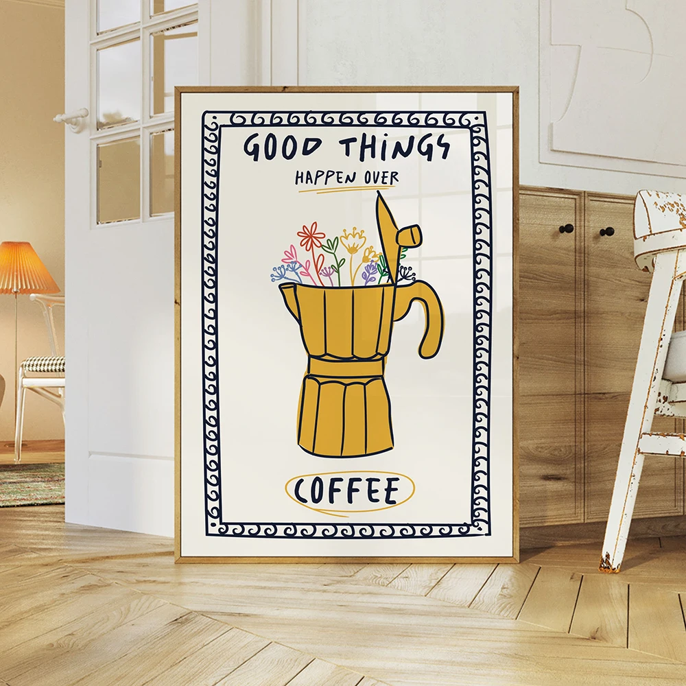 Trendy Coffee Cheers Print Posters Retro Wine Poster Pasta Night Food Print Painting Bar Cart Art Decor Maximalist Room Decor