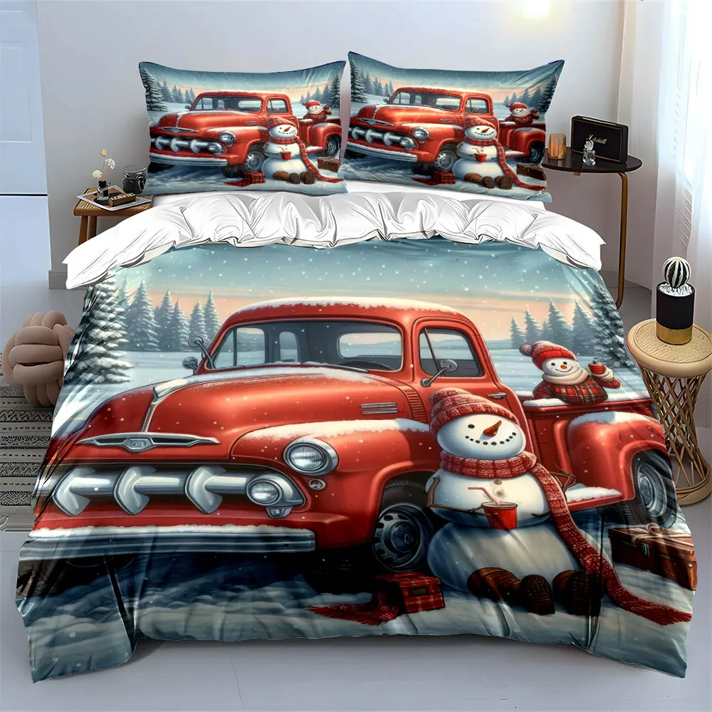 Red truck with cheerful snowmen in a winter scene Print Duvet Cover Bedding Set Included 1*Duvet Cover 2*Pillowcases