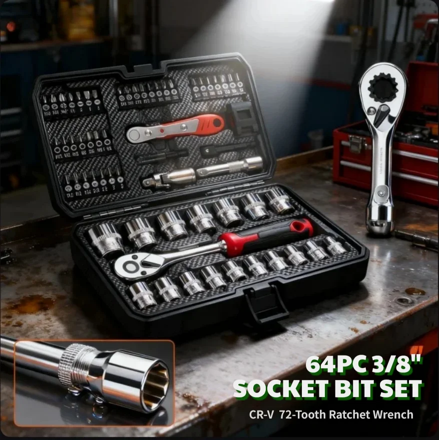 

​​Hi-Spec 64PC 3/8" Drive Socket Bit Set 72-T Ratchet Wrench Set 1/4 socket set Universal Joint Extension Bar for Auto Repair