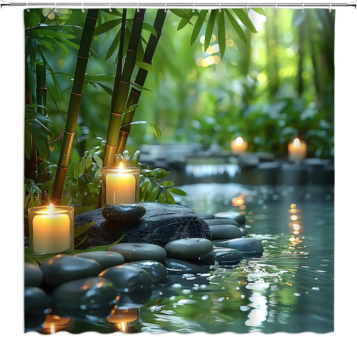 

Zen Spa Shower Curtain, Bamboo Stone Water Reflection, Calming Nature Decor Set with Hooks