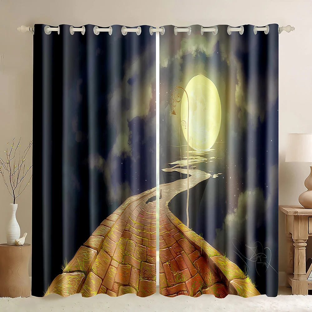 Moon Phases Window Curtains, Phases of The Moon from New to Full Lunar Sequence Stages,Stars Moon 3D Printing Blackout Curtains