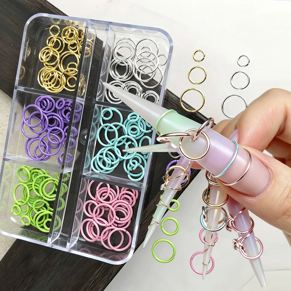 6 Grids/box Macaron Open-ended Ring Rivets Nail Decorations Mixed Punk Circle Hoop 3D Nail Charms Dopamine Metal Circle Manicure