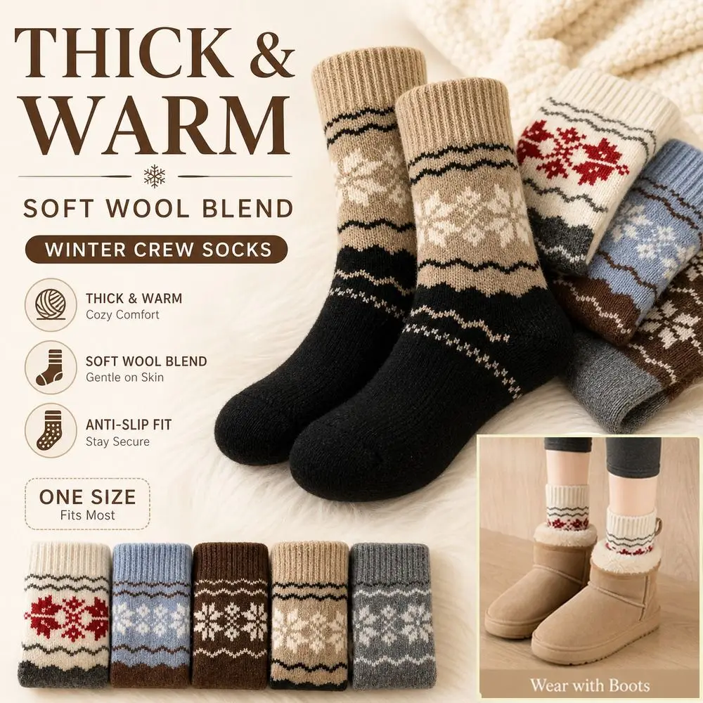 Casual Retro Fair Isle Christmas Socks Woolen Thickened Warm Wool Socks Snowflake Pattern Colour Blocking Stacked Sock Winter