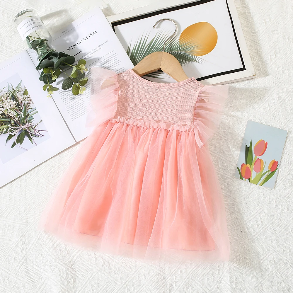 Summer baby girl dress girl\'s patchwork mesh three-dimensional large bow fly sleeve round neck princess dress