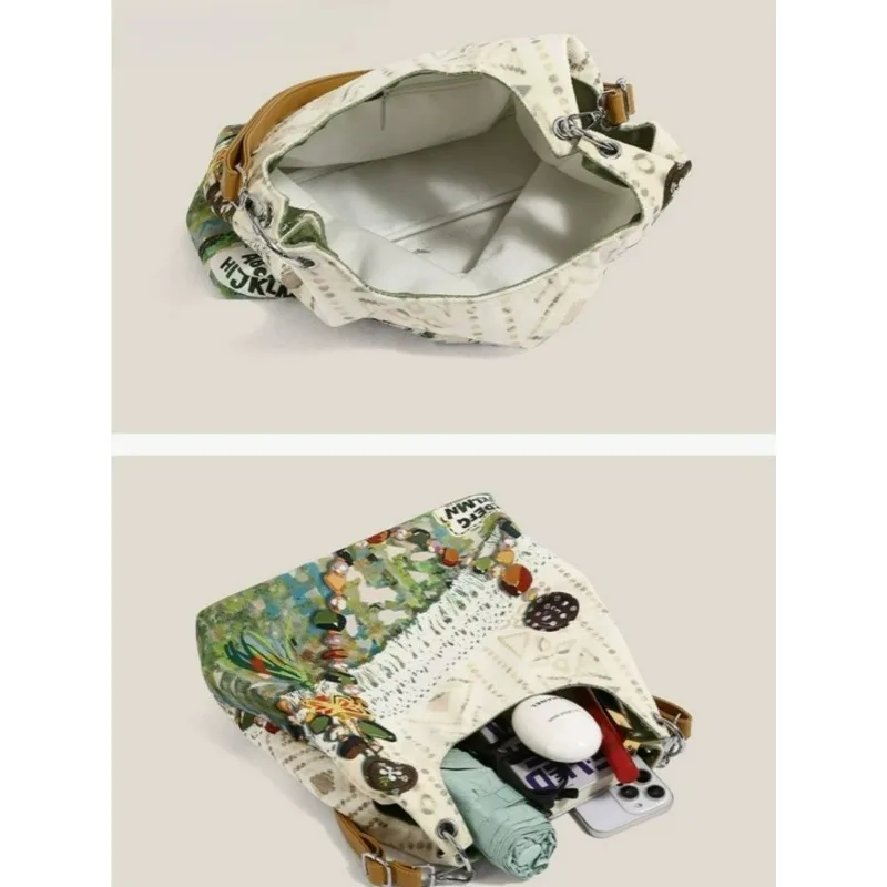 Spring Literary Artistic Style Canvas Female Tassel Decoration Graffiti Printing Shoulder Sense Tote Exquisite Simple Leisure