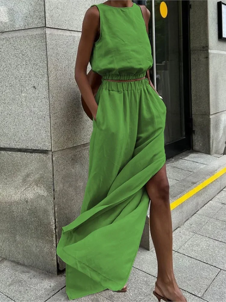 

New Fashion Cotton Linen Khaki Pants Sets Vacation Summer Sleeveless Tops And Split Pant Suits Two Pieces Office Ladies Set