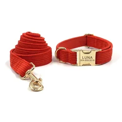 Personalized Dog Collar with Free Engraving, Matching Pet Leash,Customzied Contacts Metal Buckle, Red Corduroy Puppy Collar