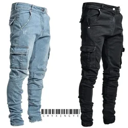 Neue Jeans Männer Hosen waschen einfarbige Multi Taschen Denim Mid Taille Cargo Jeans plus Größe Mode Freizeit hose Männer tägliche Kleidung