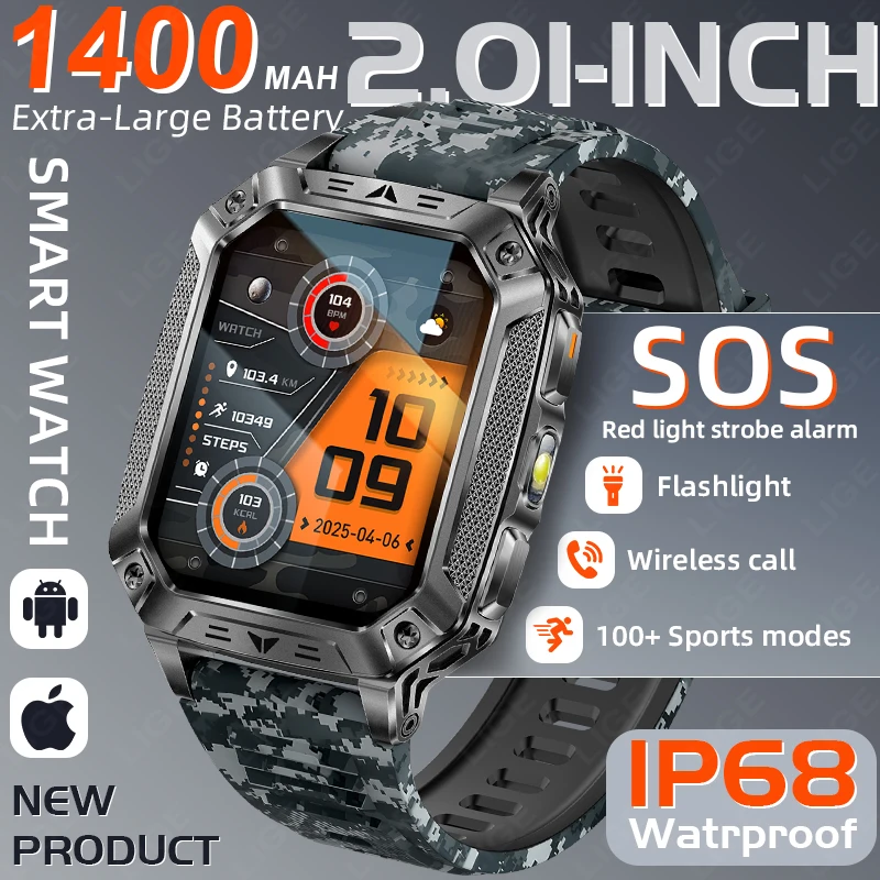 

Смарт-часы для мужчин с аккумулятором 1400 мАч, измерением пульса, водонепроницаемостью IP68, LED-фонариком, трекером активности для спорта и военных задач, новинка 2026 года