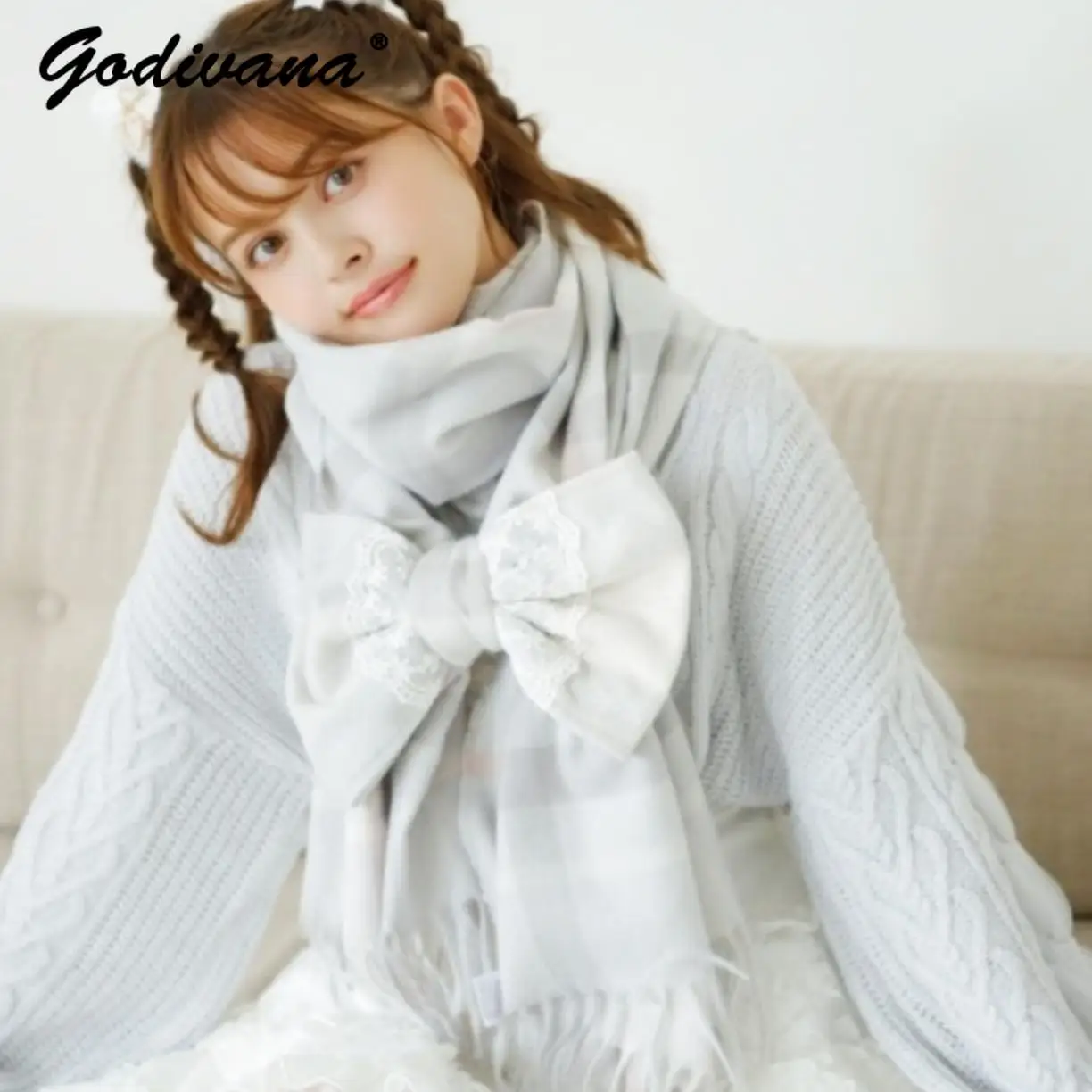 Japanese Liz New Lazy Wind Girls Sweet Plaid Lace Bow Scarf Soft Warm Women\'s Winter Lolita Scarf