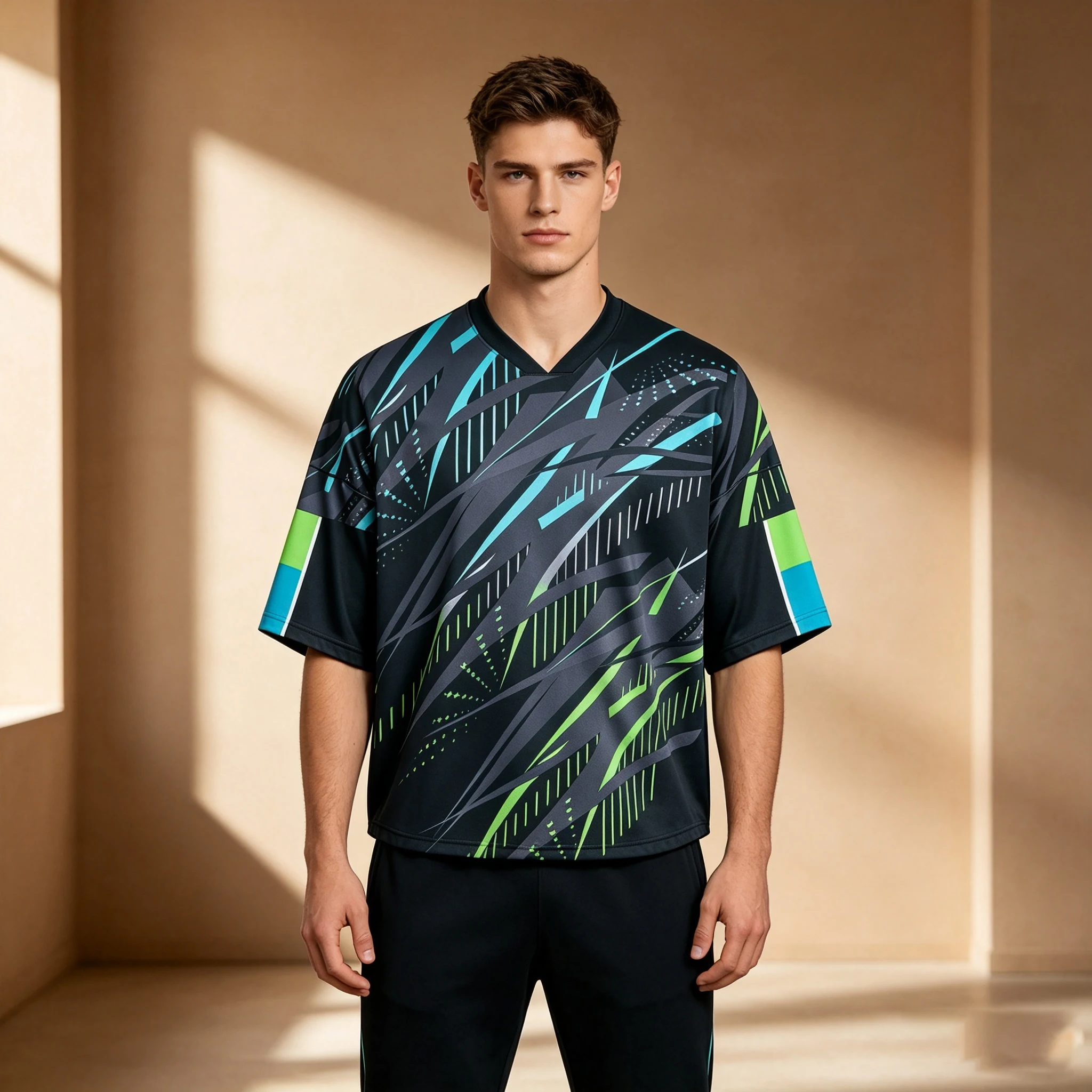 New Men's Black V-neck Sportswear 3D Geometric Speed Stripe Printed Grey Blue Neon Green Stone Grey Abstract Pattern T-shirt