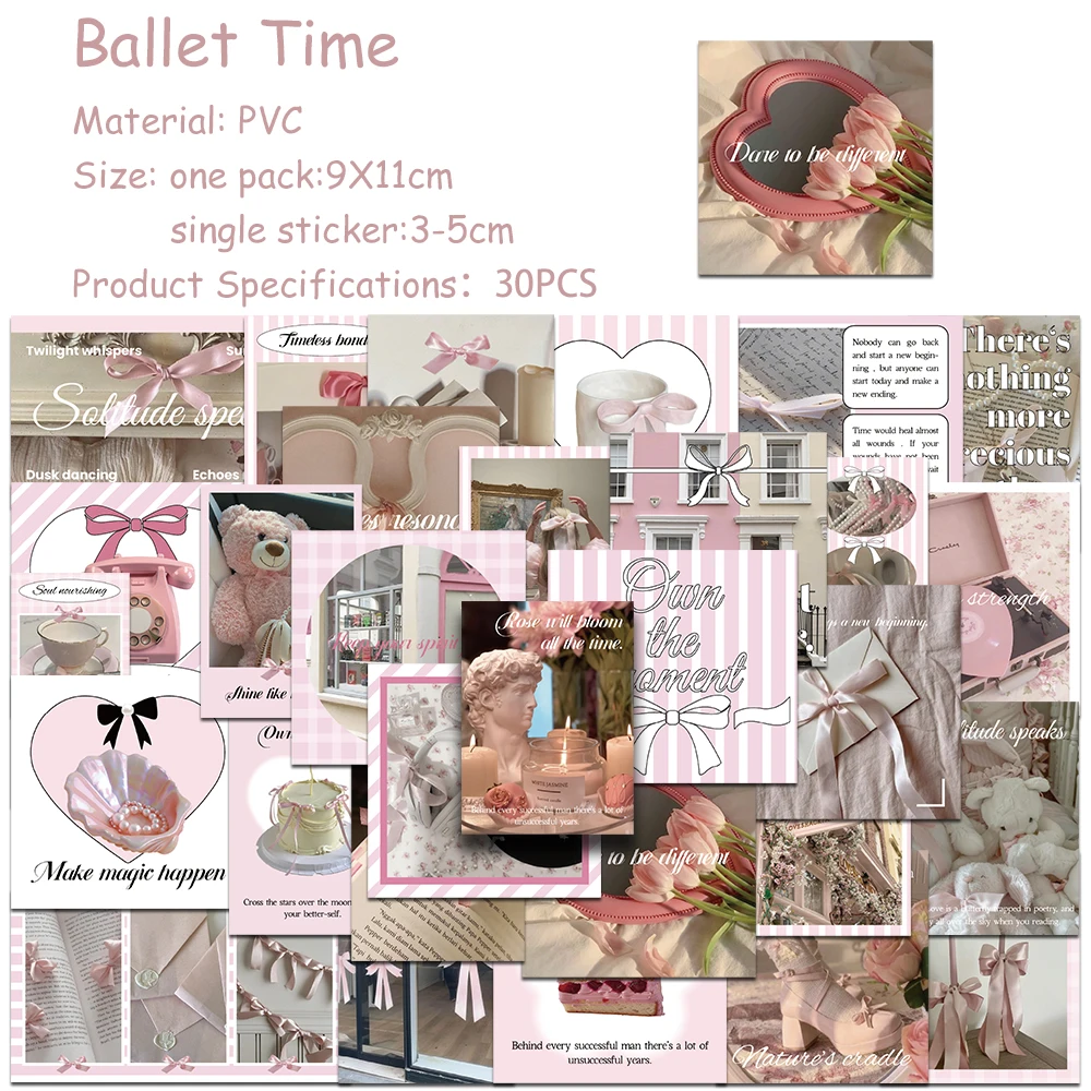 30pcs Ins Style Pink Ballet Time Sticker Pack Decals For Phone Laptop Scrapbook Suitcase Helmet DIY Cartoon Aesthetic Stickers