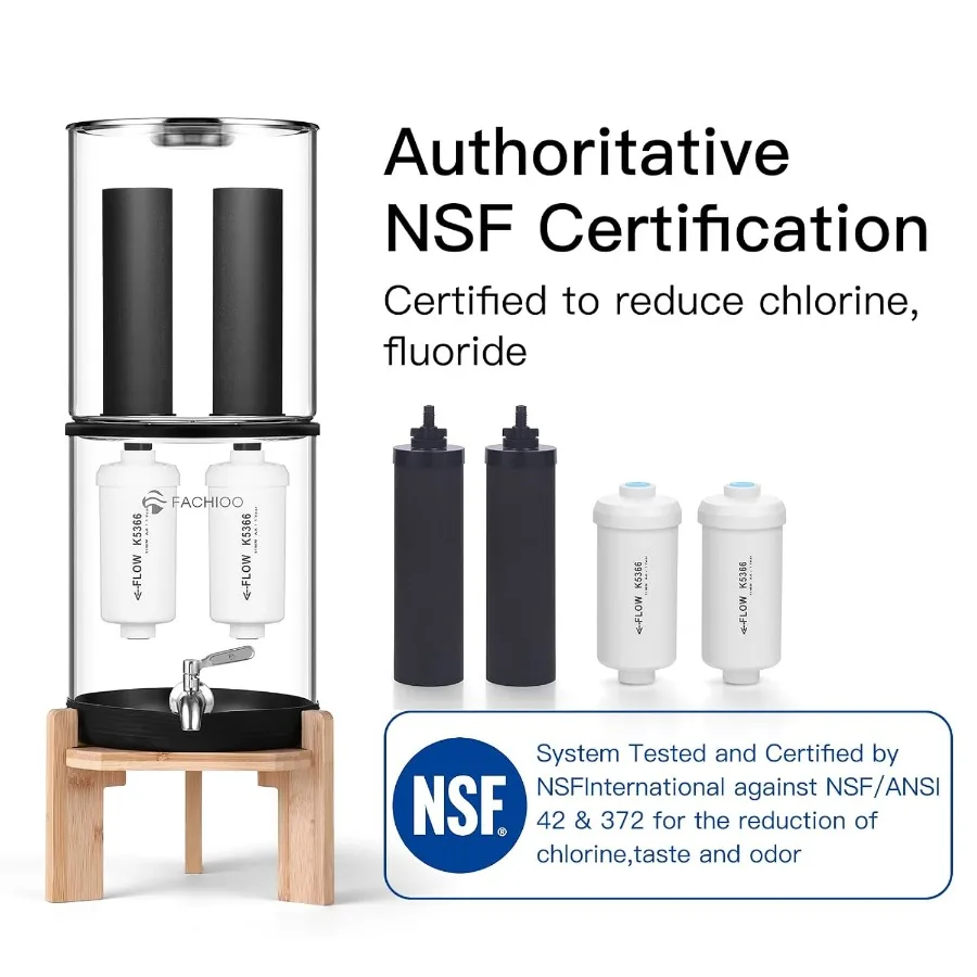 Sistema de filtro de água por gravidade de vidro de bancada com 2 elementos certificados NSF ANSI 42 pretos e 2 filtros de remoção de fluoreto Meta