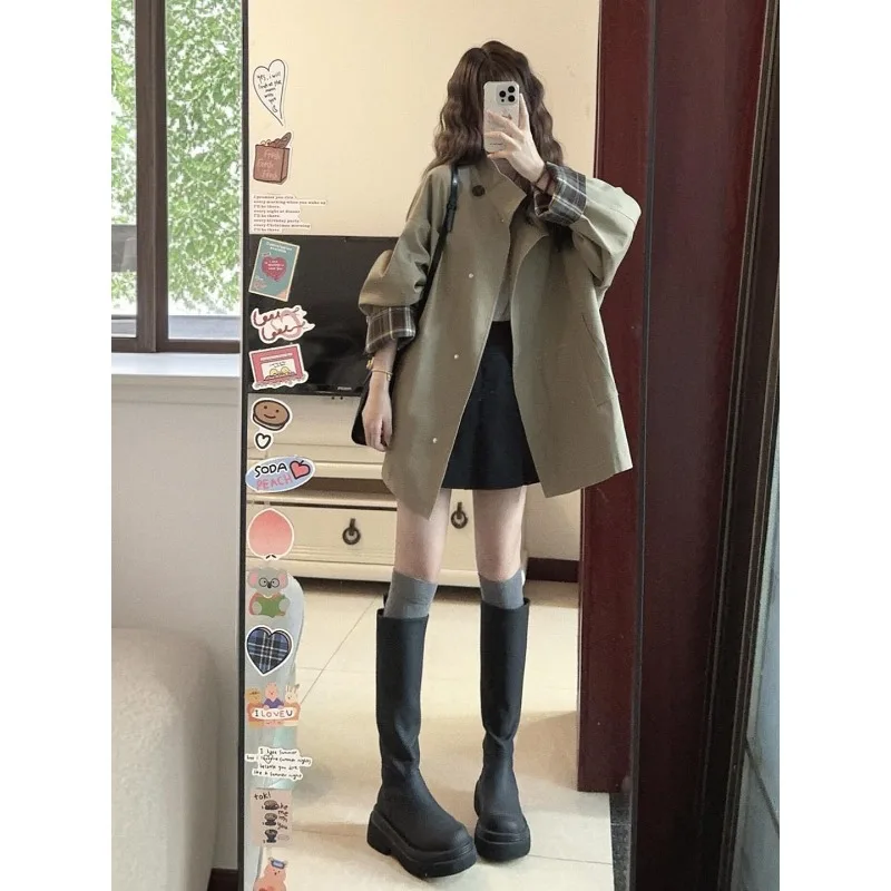 Korean Style Women's ort Coat Jacket Stand Collar Solid Leisure Faionable Autumn New Arrival Commute Loose Fit Women Top