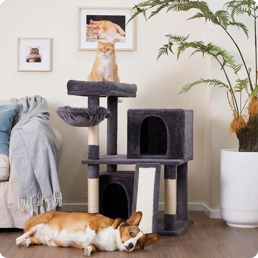 

Ouritsu Cat Tree, 35 inch Cat Tower for Large Cat Indoor, 1 Widened Top Perch, 2 Enlarged Condos, Fluffy Basket, Scratching Post