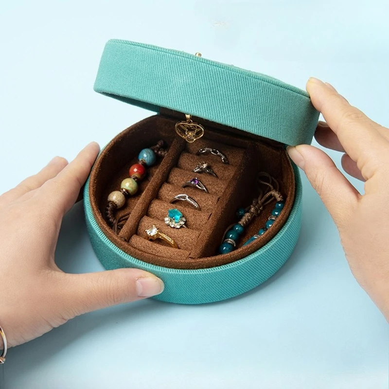 Denim Embroidered Jewelry Box Portable Travel Organizer with Handle for Rings Necklaces Earrings Velvet Lined Storage Case