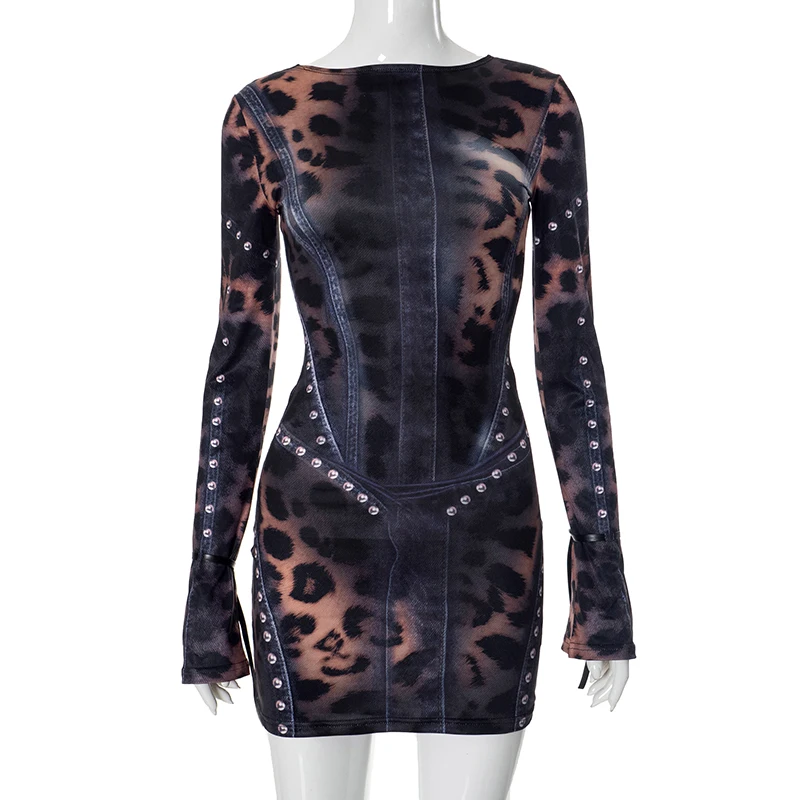 CUTENOVA 2024 Autumn And Winter New Women'S Fashion Leopard Print Slim Flared Long-Sleeved Package Hip Short Skirt Dresses Y2K image 5
