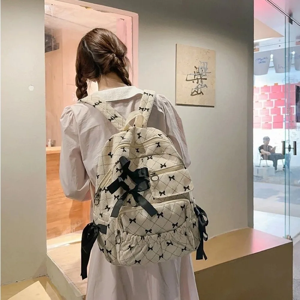 Fashion Corduroy Bow Schoolbag Large Capacity Bow Print Versatile Backpack Ins Style Backpack Bag Women