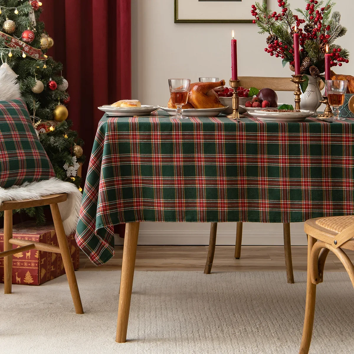 Christmas Tablecloth Green Plaid Snowflake Cotton Linen Rectangular Table Cover Navidad Noel New Year Gifts Dining Table Decor