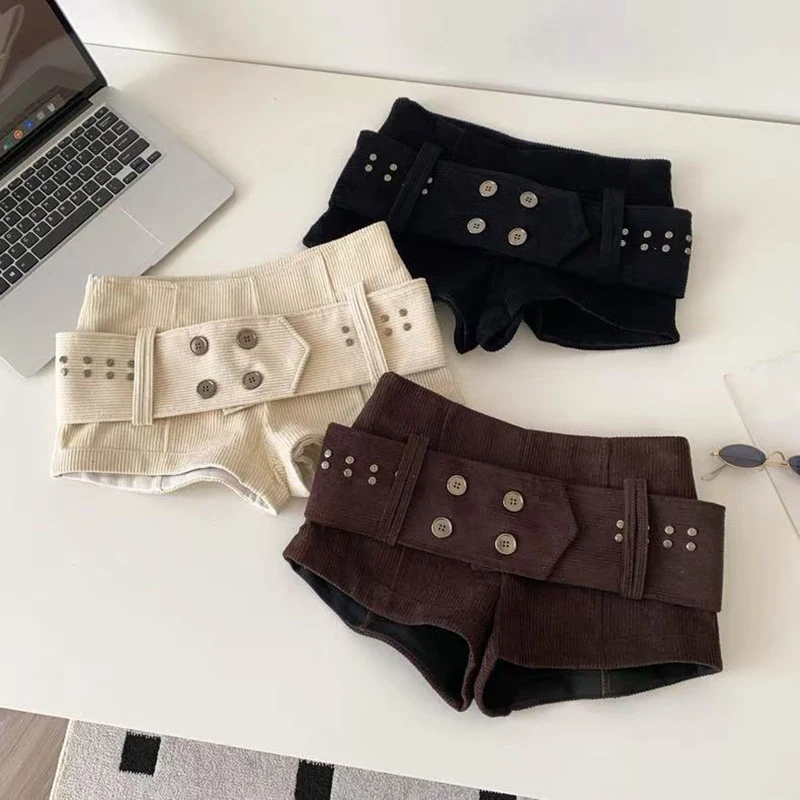 Vintage Corduroy Shorts for Women Y2K Korean Chic with Belt Casual Shorts Harajuku Streetwear Spice Girl All Match Female Shorts