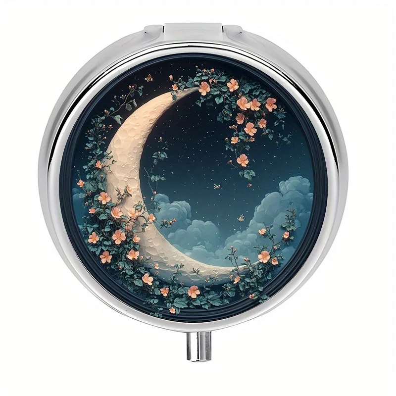 1-piece set: Three-compartment moonlight floral night scene box, storage container, pill box, vitamin storage box, decorative metal storage box