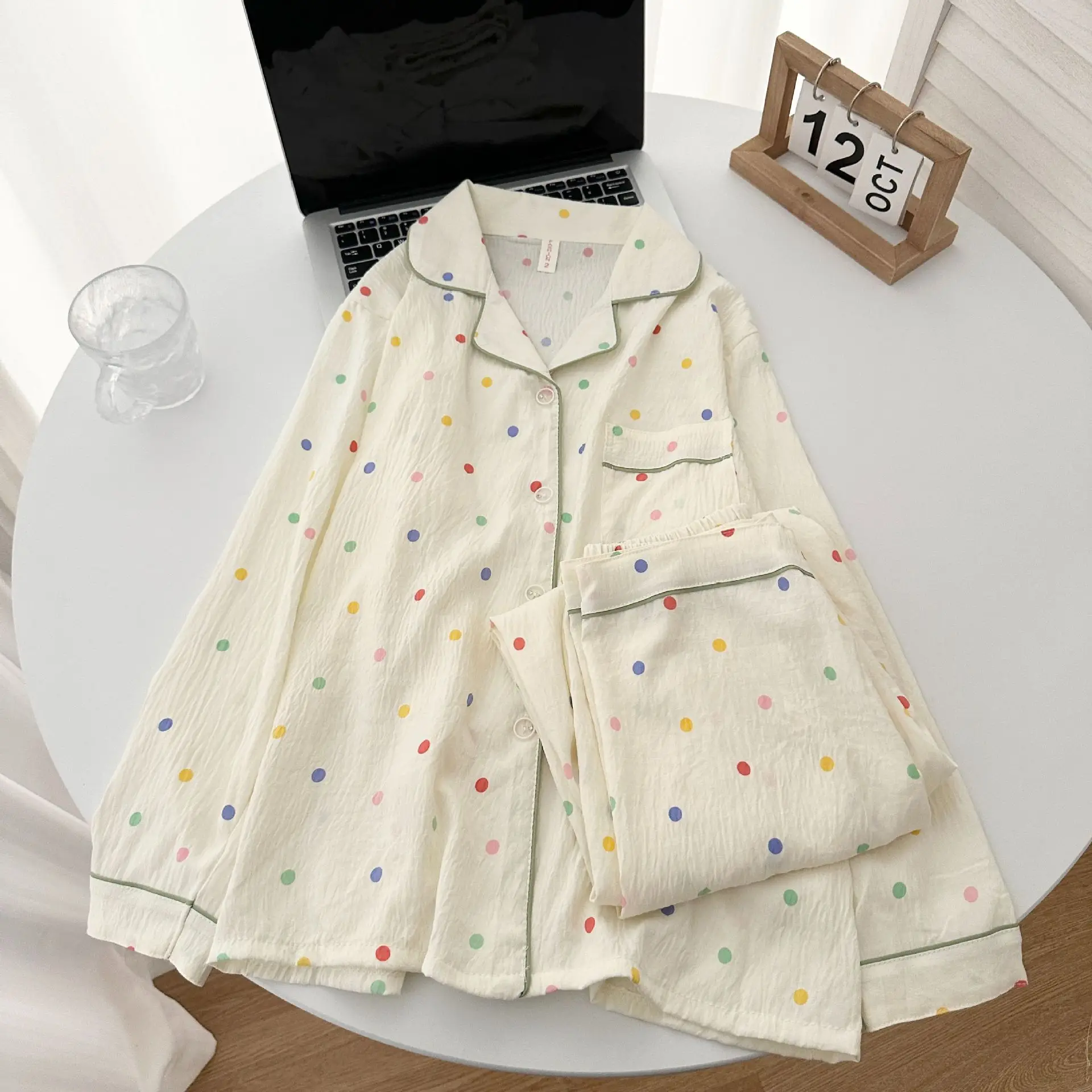 

Cartoon Polka Dot Pyjamas for Women, Spring and Autumn Season, Cloud Cotton Yarn Long-Sleeved Set, Cute Cardigan, Casual Homewea