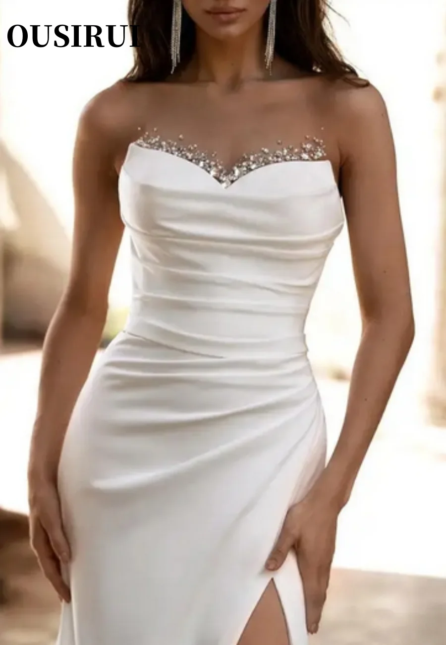 Sleeveless Slit Formal Party Bridal Gowns Mermaid Wedding Dresses Beaded Crystal Sheer Neck Women Elegant Bride Dresses