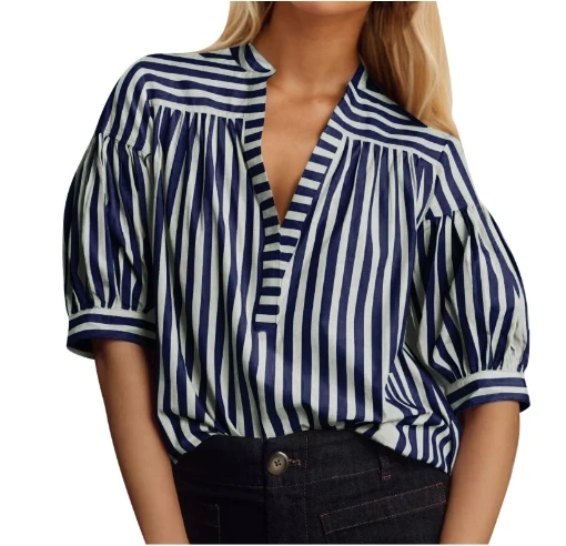 Women's Chiffon Blouses 2025 Autumn Latest Striped Splicing Shrinking Folding Pulling Open V-Neck Top Concealed Bucket T-Shirt